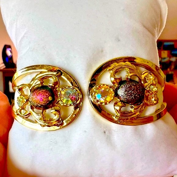 Vintage Hinged Clamper Style Bracelet AB Rhinestones Gold Tone Setting - Picture 10 of 13